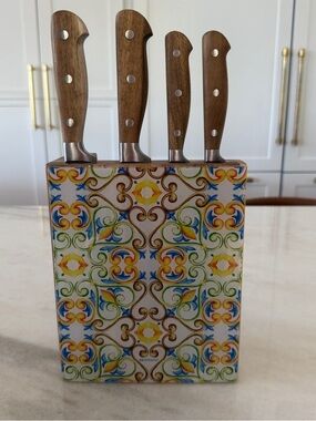 Wood Handle Knife Block Set with Decorative Ceramic Block - Brown